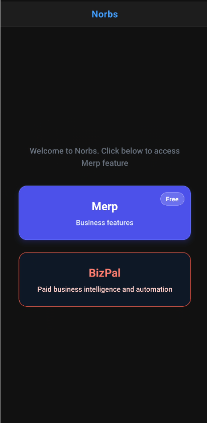 Norbs app home screen, offering the free Merp tools and the paid BizPal product