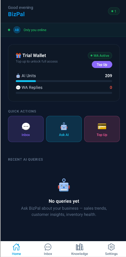 BizPal in-app dashboard showing the trial wallet, Ask AI, Inbox and recent AI queries