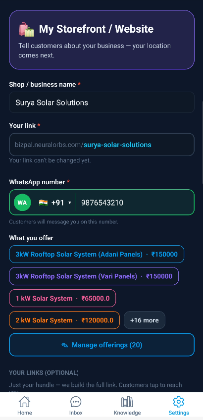 BizPal storefront setup: business name, public link, WhatsApp number and a 20-item offerings list