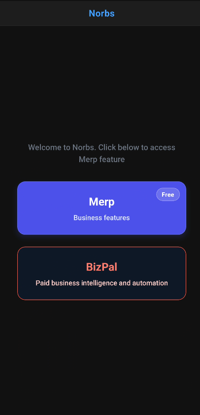Norbs app home screen, where the free Merp tools are opened
