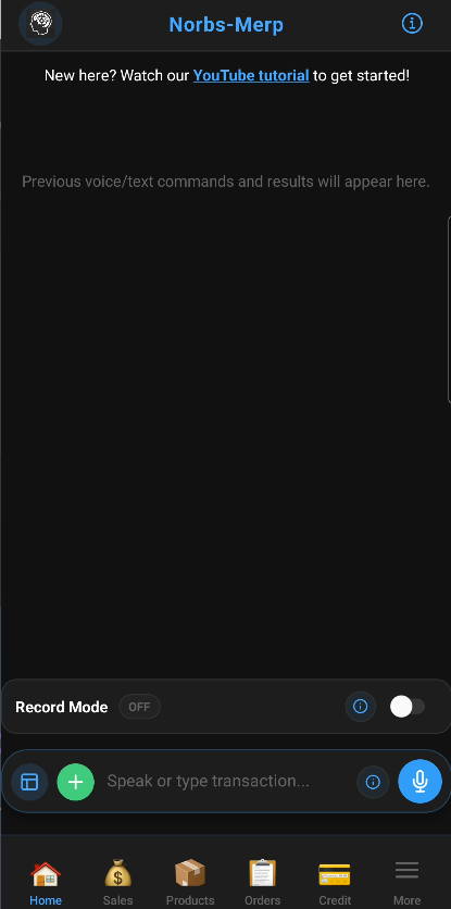 Merp voice entry screen — speak or type a transaction, with Sales, Products, Orders and Credit tabs